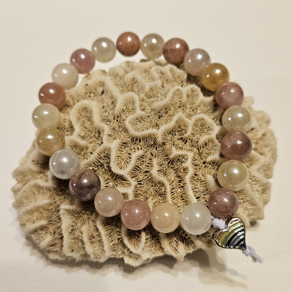 Elegant SUNSTONE Beaded Stretch Bracelet with Colorful Heart Charm ♡ Handmade ♡ - Picture 6 of 10